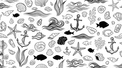 Black and white sea creatures and nautical icons