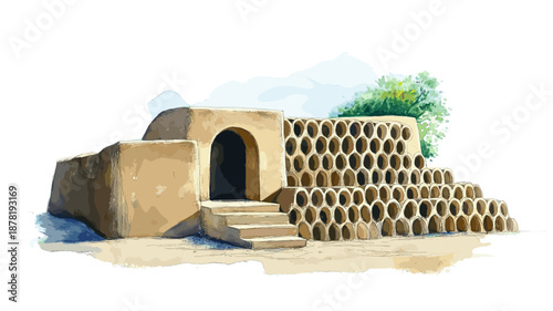 Chan Chan Archaeological Site. Chan Chan Archaeological Site hand drawn watercolor illustration