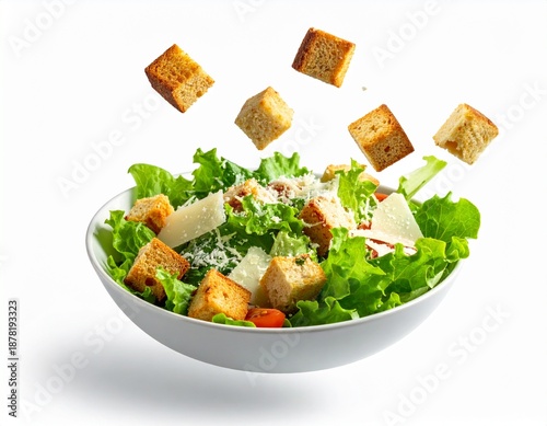 A floating, minimalist image of a Caesar salad with croutons and Parmesan cheese floating gently on a clean white background, emphasizing simplicity and freshness.