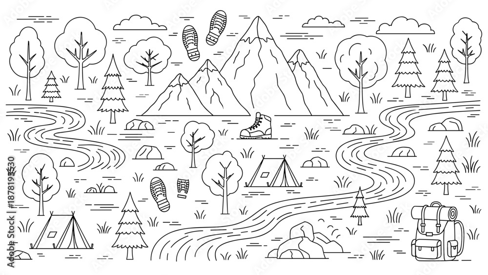 Obraz premium Camping and outdoor adventure scene with mountains and trees