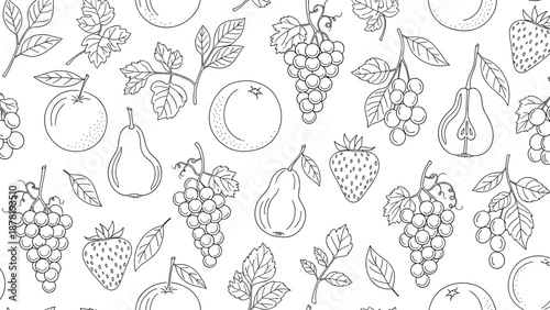 Black and white fruit illustrations with leaves
