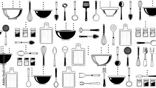 Black and white kitchen utensils and tools
