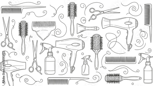 Collection of various hairdressing and beauty tools and accessories