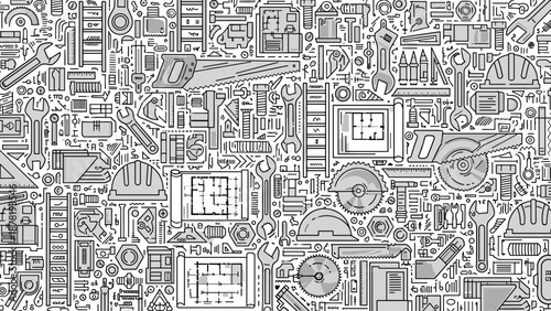 Black and white illustration of various mechanical objects and tools