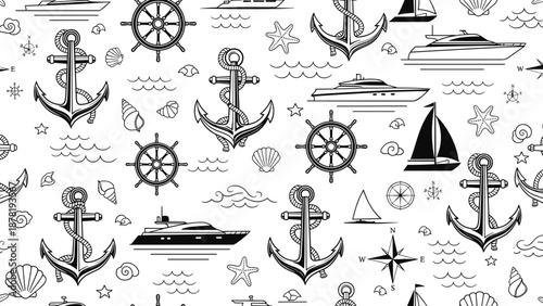 Nautical icons and symbols seamless pattern with anchors and ships