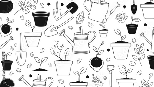 Black and white illustration of various gardening tools and potted plants
