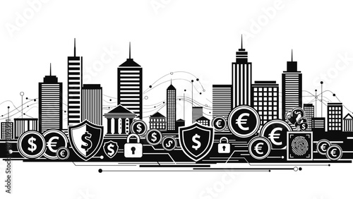Black and white city skyline with financial security symbols