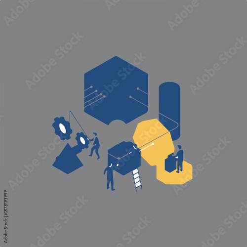 Isometric micro scene tiny people interacting with abstract objects clean flat vector isolated background.eps