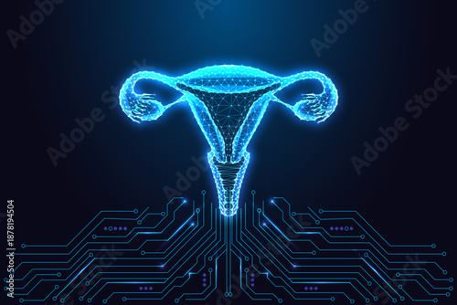 FemTech Uterus AI. Digital Reproductive Health, Fertility Science, Medical Technology Illustration