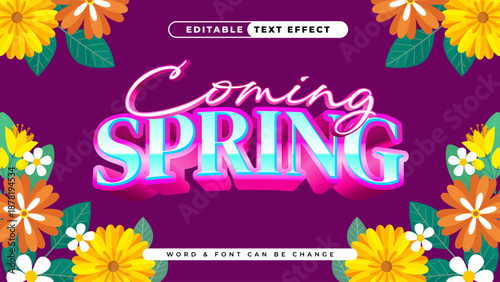 Bright and beautiful coming spring floral text effect with flowers and leaves on a purple background