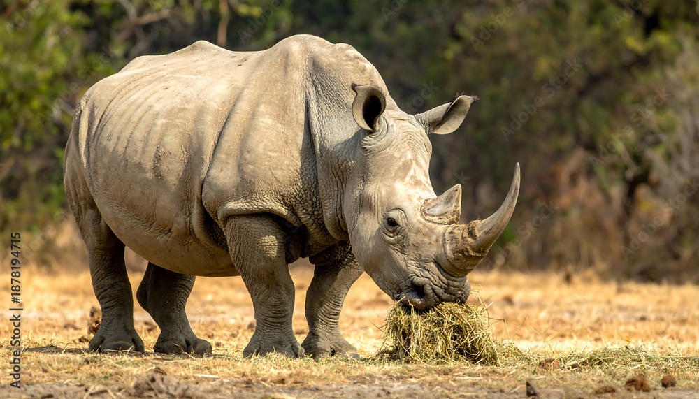 Fototapeta premium A large, grey rhinoceros grazes on dry grass, its massive horn prominent, in a sunlit natural environment with blurred foliage