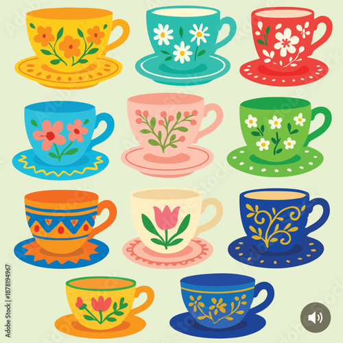 Teacups Beverage Breakfast cafe cartoon ceramic coffee tea cup cute design drink English hot mug set tea cup vector print