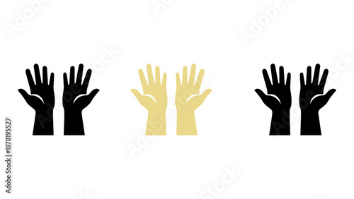 Colourful raised hands solid icon set symbol of support, unity, solidarity, and hope