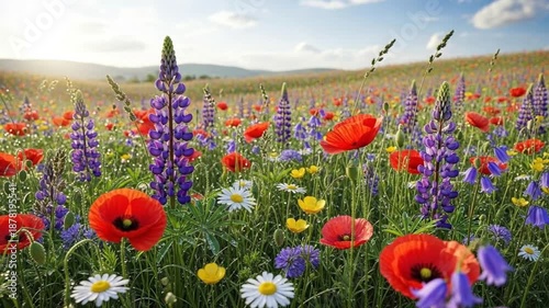Vibrant Wildflower Meadow in Bloom: Poppies, Lupine, Daisies, Sunny Day