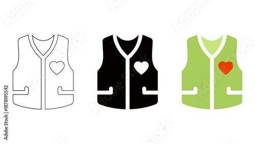 Charity vest volunteer icon set helping service symbols in line, solid, and colourful styles.