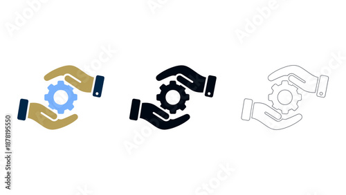 Colourful, solid, and line hands holding gear icon set for teamwork, support, and solution concepts