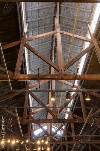 Sao Paulo, SP, Brazil - November 08 th, 2025: Wooden truss structure of the roof of the Via Foto Institute in the Pinheiros neighborhood.