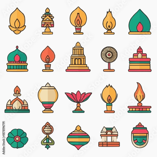 Flat vector clipart set of Indian festive and cultural symbols including diva lamp, lotus flowers, kites, pagodas, Taj Mahal and decorative map elements, isolated objects on white background 