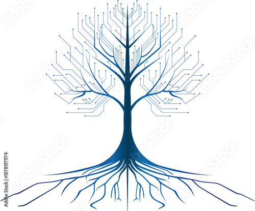 Bild auf Leinwand A shimmering cybernetic tree of printed circuits, luminous data nodes, and intertwined digital roots
