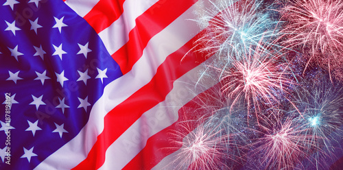Fotografi USA flag and fireworks. National holiday greeting card design
