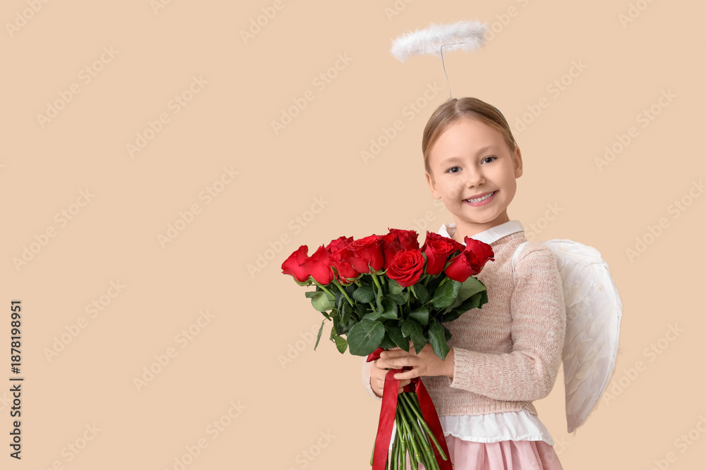 Fototapeta premium Cute little girl dressed as cupid with bouquet of beautiful rose flowers on beige background. Valentine's Day celebration