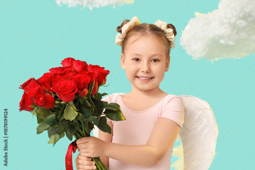 Fototapeta premium Cute little girl dressed as cupid with bouquet of beautiful rose flowers and cloud on blue background. Valentine's Day celebration
