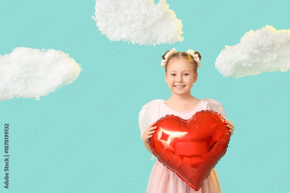Fototapeta premium Cute little girl dressed as cupid with air balloon in shape of heart and clouds on blue background. Valentine's Day celebration