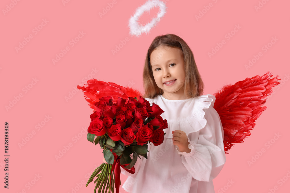Fototapeta premium Cute little girl dressed as cupid with bouquet of beautiful rose flowers on pink background. Valentine's Day celebration