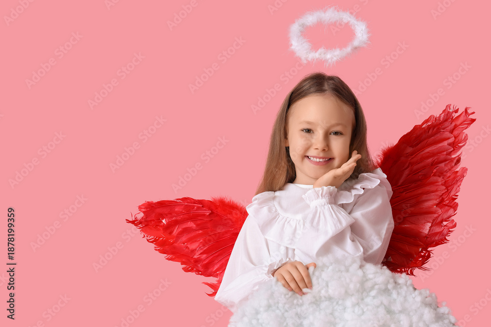 Fototapeta premium Cute little girl dressed as cupid with cloud on pink background. Valentine's Day celebration