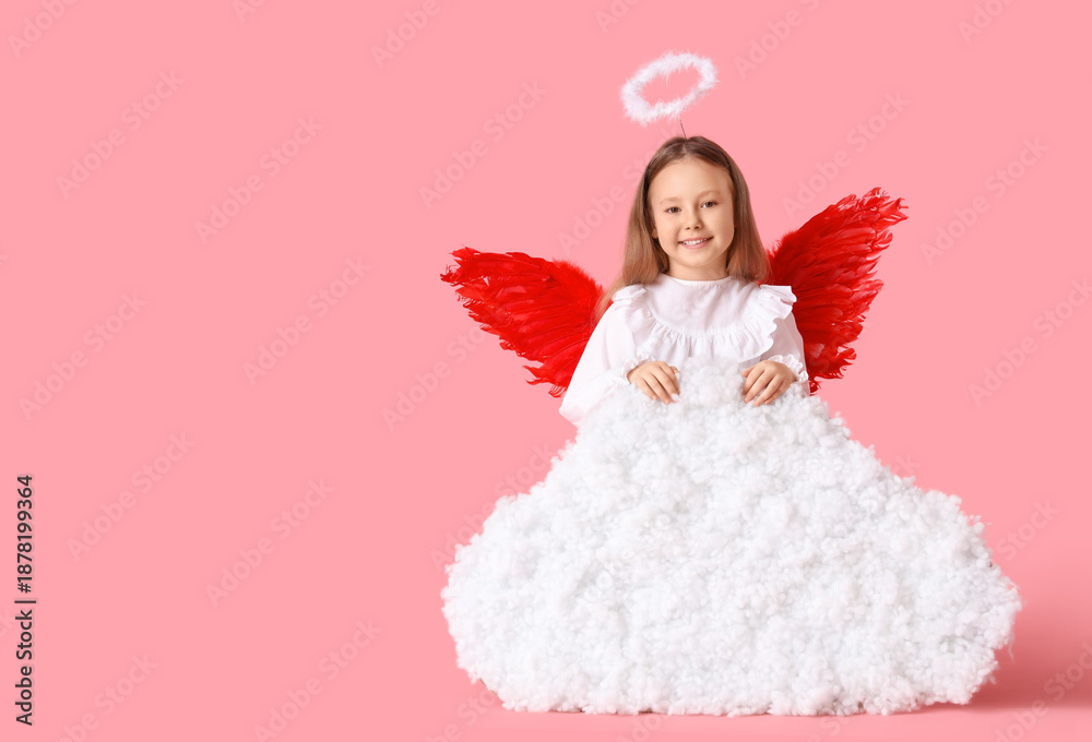 Fototapeta premium Cute little girl dressed as cupid with cloud on pink background. Valentine's Day celebration
