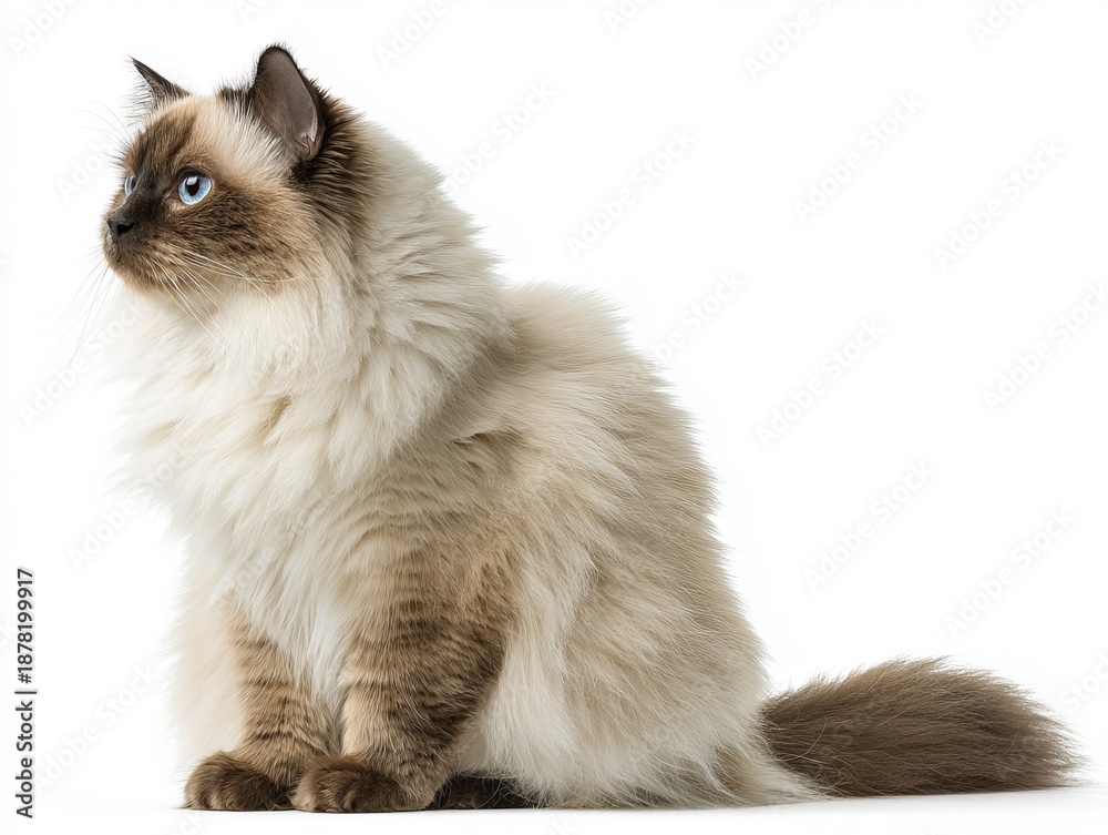 Obraz premium Ragdoll cat sitting profile view white background feline