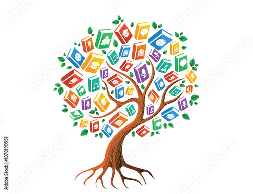 Educational Tree with School Icons Knowledge Growth Concept

