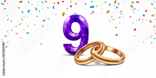 A purple faceted number 9 with intertwined golden wedding rings in the foreground, surrounded by colorful confetti, on white background, symbolizing the celebration of the ninth wedding anniversary.