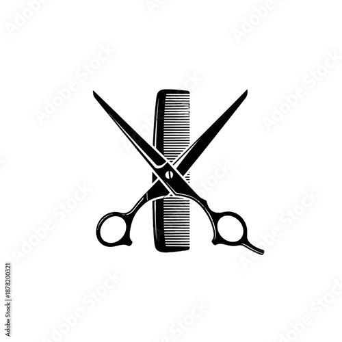 Photos Black and white illustration of crossed scissors and comb.