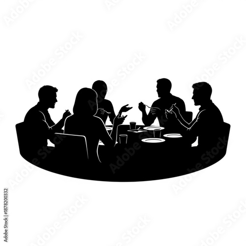 Silhouette of a group of people sitting around a table discussing and eating