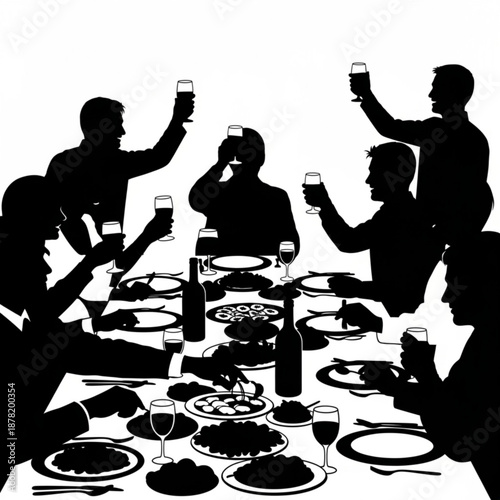 Silhouette of people sitting around a table toasting with drinks and food