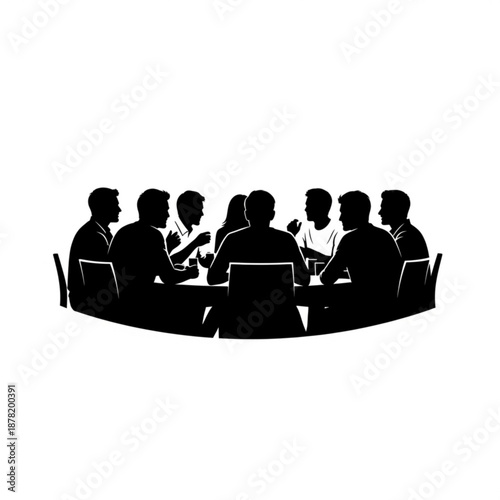 Black silhouette of a group of people sitting around a table in a meeting