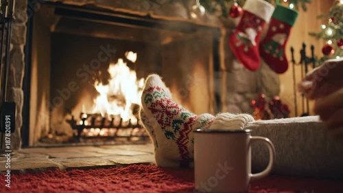 Cozy Christmas by the Fireplace: Feet in Festive Socks, Warm Glow, Stockings, Tree
