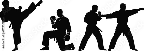 Black Silhouettes of Martial Arts Fighters in Karate Uniform for Combat Training, Taekwondo High Kick, Boxing Defense, and Dojo Sports. (21 words)