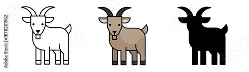 Front-facing goat icons in three styles: clean outline, colored beige and tan, and a solid black silhouette. Friendly farm animal graphics.
