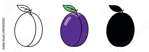 Plum fruit icons in three styles: simple black outline, realistic purple with a green leaf, and a solid black silhouette.