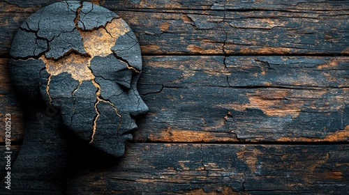 Cracked head profile on dark wood.