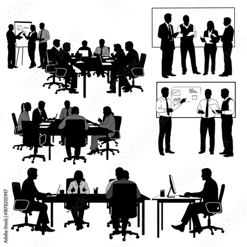 A collection of office workers in various meeting and working settings in black silhouettes