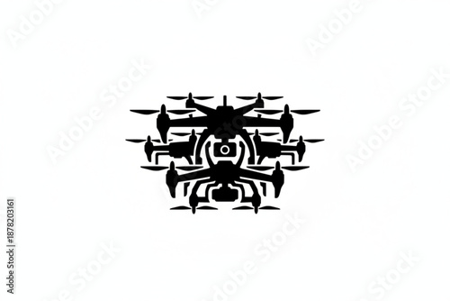 Drone formation in action: Highlighting the precision and technological advancement of aerial surveillance, a squadron of drones is silhouetted against a stark backdrop. 