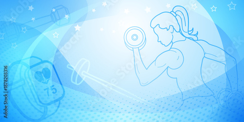 Blue fitness themed background. Digital illustration featuring a female character lifting weights, with various fitness-related items and symbols around her.