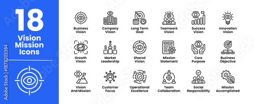 Vision and Mission icon set featuring clean and professional icons that represent company vision, long term goal, mission objectives, core values, and business purpose.
