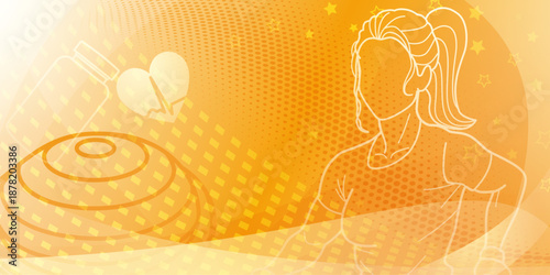 Yellow fitness themed background. Stylized illustration of a woman with her hair up, wearing a sleeveless top, standing against a vibrant yellow background with abstract shapes and patterns.
