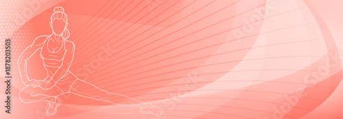 Red fitness themed background. Stylized, abstract female figure that appears to be engaged in a dynamic pose, possibly traning or performing a martial arts move, set against an abstract background.