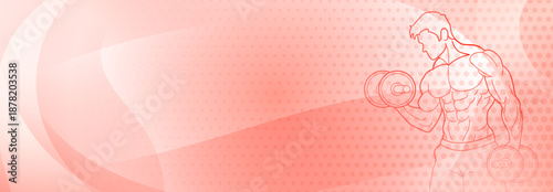 Red fitness themed background. Stylized illustration of a muscular man holding a basketball, set against a background with abstract shapes and a gradient that transitions from red to beige.