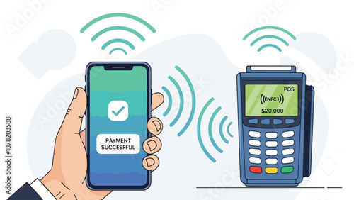 A hand holding a phone with payment confirmation next to a POS terminal